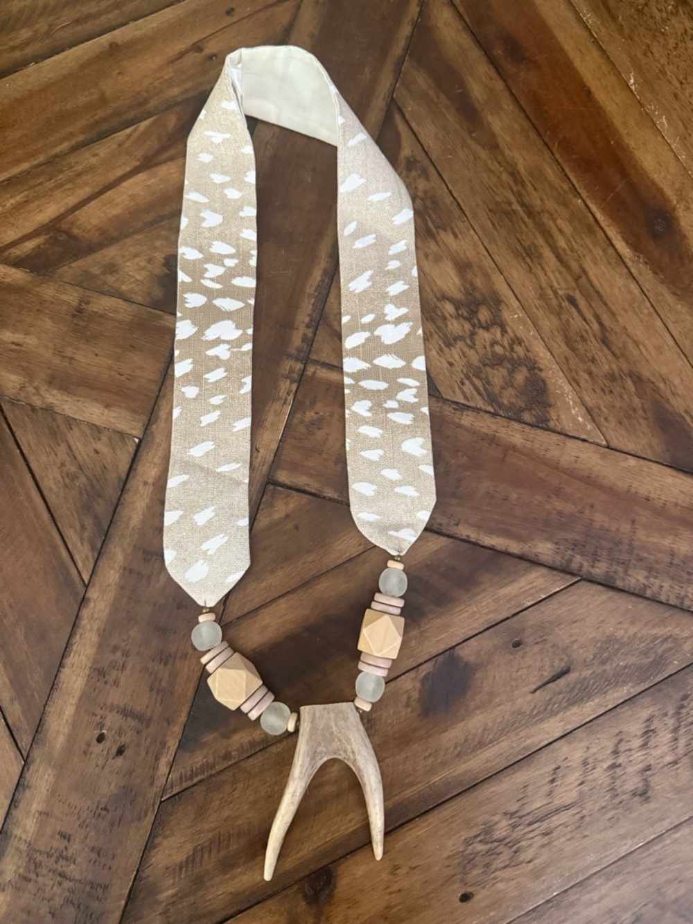 Neutral Beige and Cream Animal Print Ribbon Necklace with Wood Antler Pendant